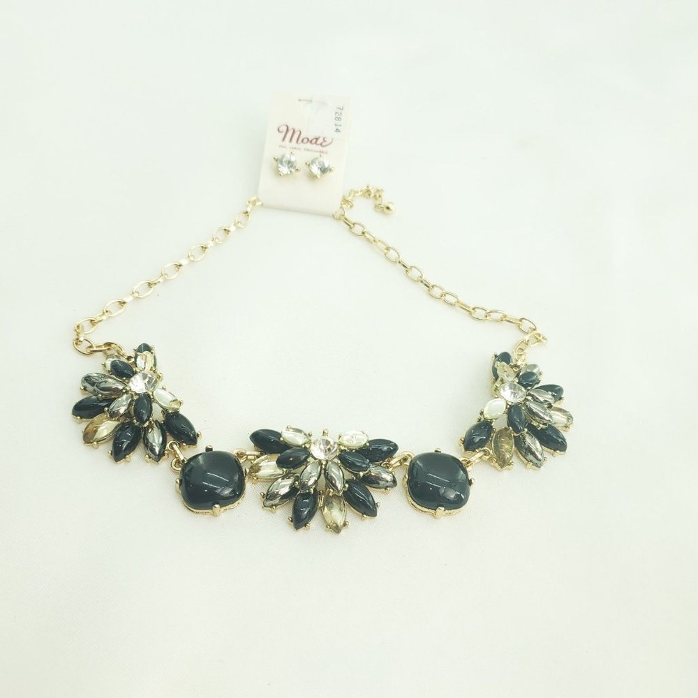 Mode Black Clear Gold Chain Jewelry Ensemble Statement Necklace With Earrings